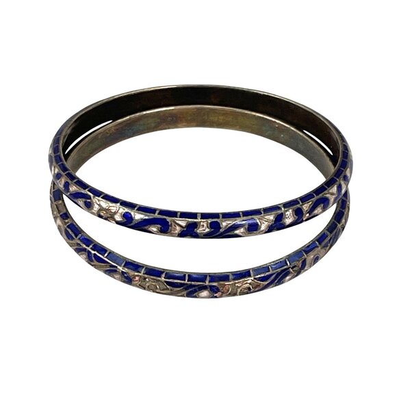 Vintage Blue & Silver Cloisonne Floral Pattern Bangles Set Of 2 Small Wrist - Picture 1 of 6